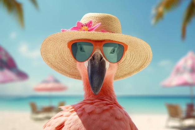 Schattig flamingokarakter in een hoed en zonnebril ai generatief