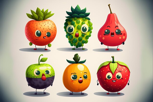 Schattig fruit instellen illustratie, cartoon stijl. Generatieve AI