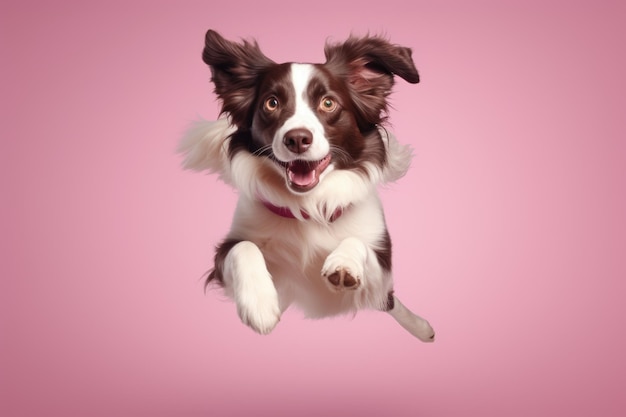 schattig gelukkig border collie puppy springen op roze achtergrond AI gegenereerd