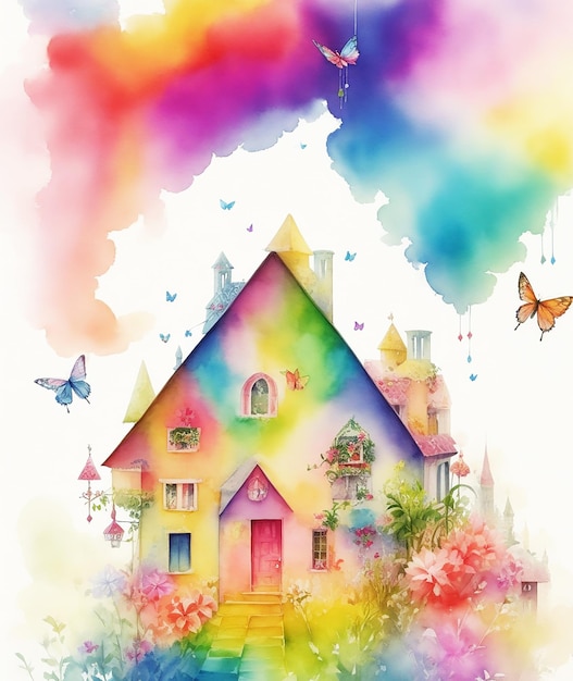 schattig geometrisch huisje van het mysterie paleis regenboog pluizige wolk verf op papier HD aquarel afbeelding