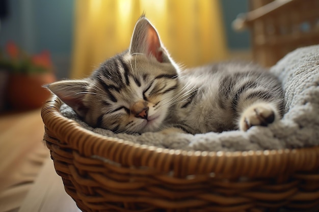 Schattig grijs katje slaapt goed op de mand met een dekentje met Cosy