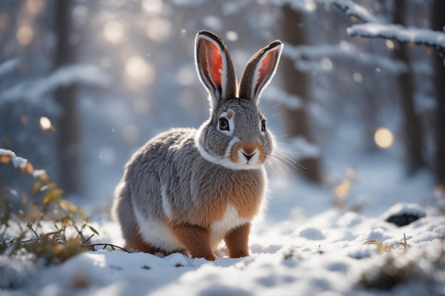 Schattig grijs konijn in een prachtig besneeuwd winterbos, ai generatief