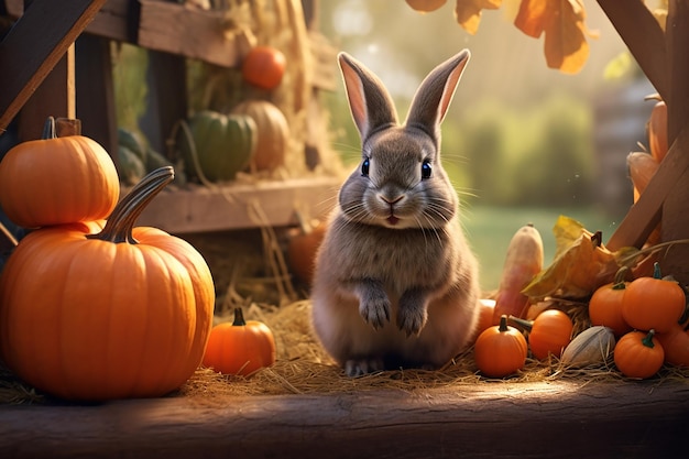 Schattig grijs konijntje dat in de tuin staat en pompoenen oogst tijdens het oogstseizoen