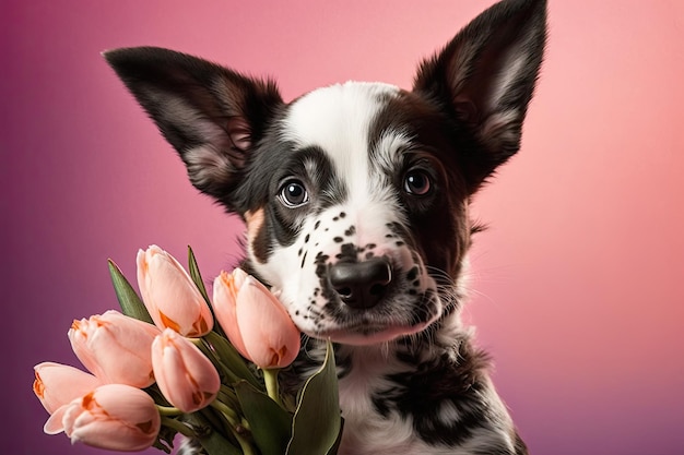 Schattig hondje met een boeket tulpen op roze achtergrond generatieve ai