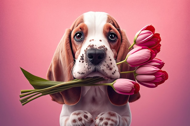 Schattig hondje met een boeket tulpen op roze achtergrond Generatieve Ai