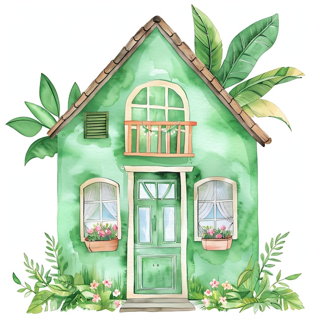 Foto schattig huis aquarel groen meisje op reis