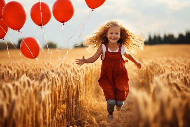 Schattig jong meisje loopt door het veld met ballonnen Generatieve AI