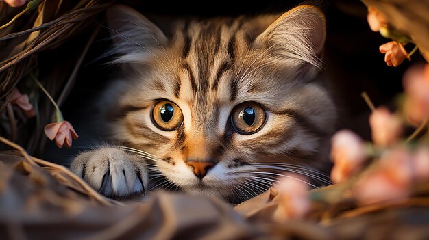 Schattig katje met grote ogen die naar buiten gluren