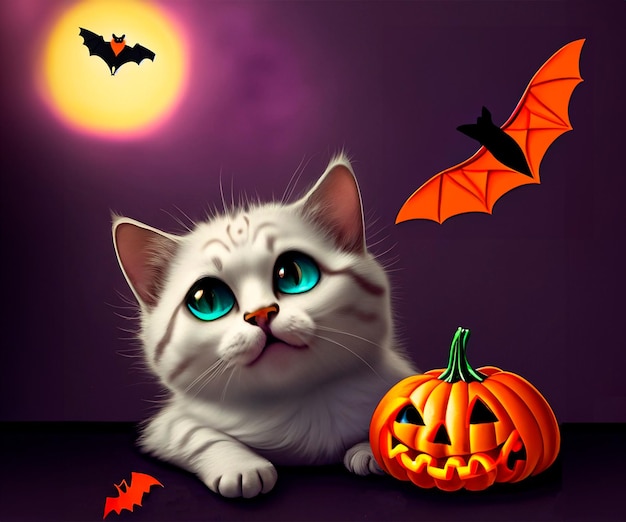 Schattig katje met halloween-objecten