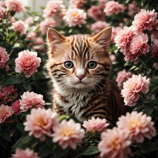 Schattig Katje omringd door bloemen