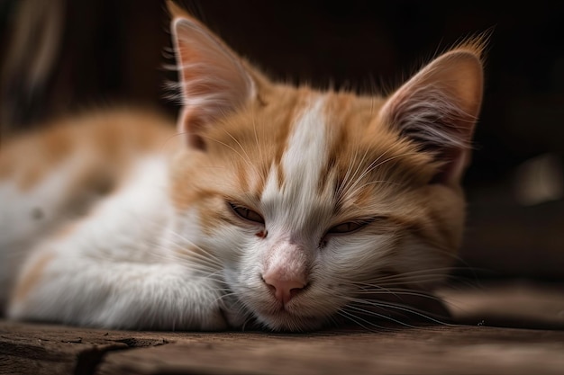 Schattig katje snoozed tegen een houten achtergrond Generatieve AI