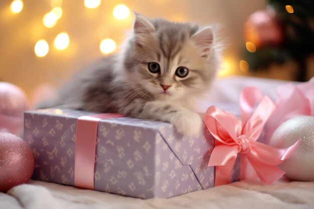 Schattig katje verpakt in kerstcadeaupapier met een strik onder een feestelijke kerstboom