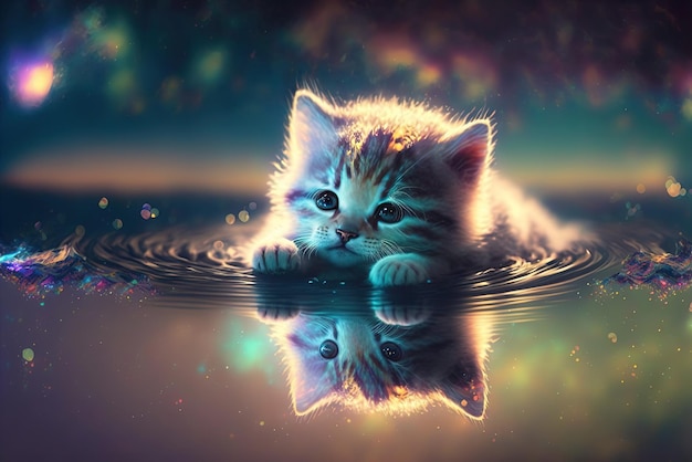 Schattig katje zinkt weg in een holografische plas naar een parallel universum
