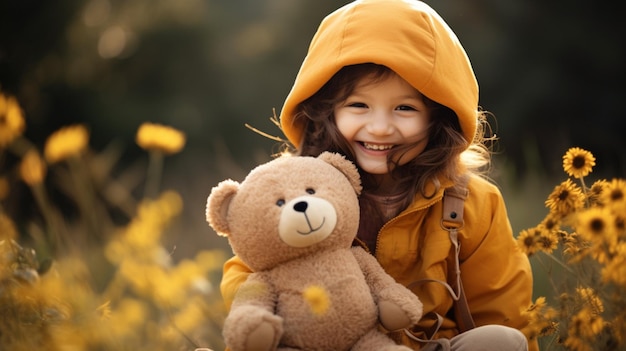Foto schattig kind dat buiten glimlacht met speelgoed in de natuur