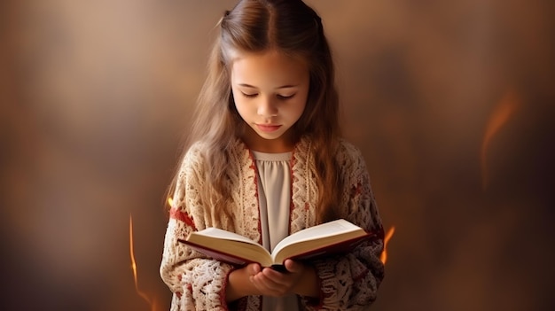 Schattig kind meisje bijbelboek lezen Aanbidding thuis AI gegenereerd