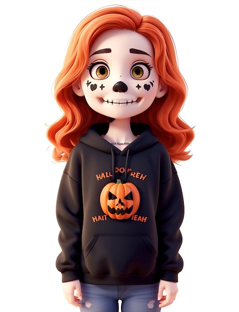 Schattig kind meisje dood halloween sweatshirt herfst schedel skelet griezelige pompoen grappige AI generatieve illustratie