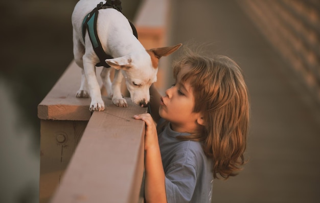 Schattig kind met puppy kleine jongen kust de hond vriendschap zorg huisdieren geluk jeugd concept