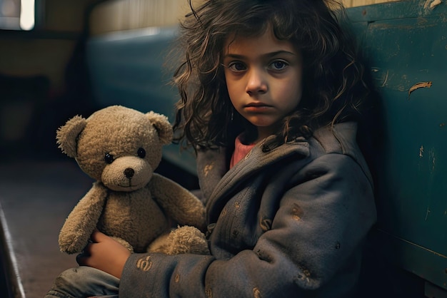 Foto schattig kind met vuil gezicht dat naar de camera kijkt terwijl hij een teddybeer vasthoudt verlaten kind