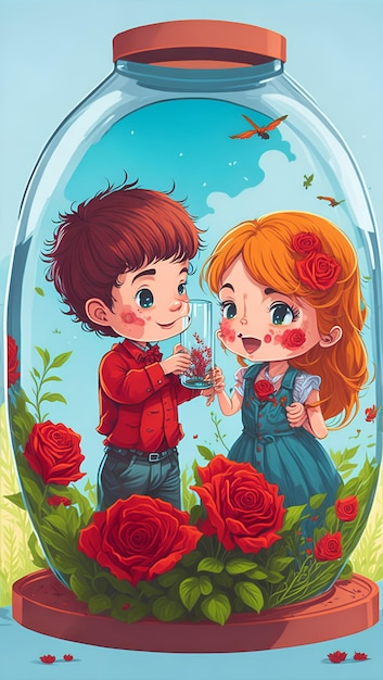 Schattig kinderpaar verpakt in een glazen cilinder meisje geeft jongen een roos mooie natuur voel de natuur met geluk AI Generatief
