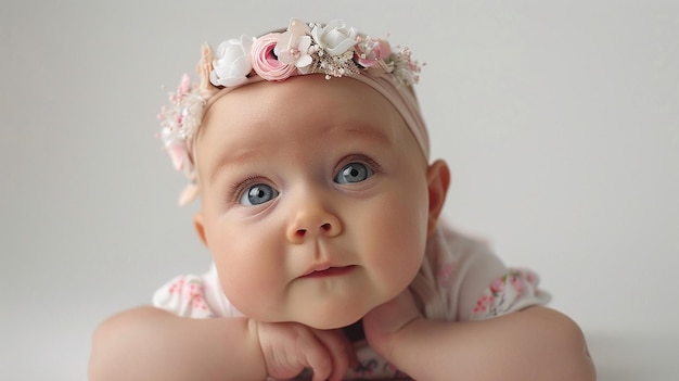 Foto schattig klein baby portret leuk baby meisje binnenshuis glimlachend kind