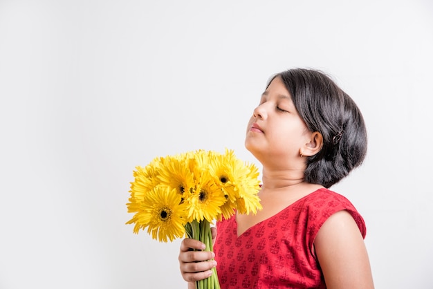 Schattig klein Indiaas meisje met een bos of boeket verse gele Gerbera-bloemen. Geïsoleerd op witte achtergrond