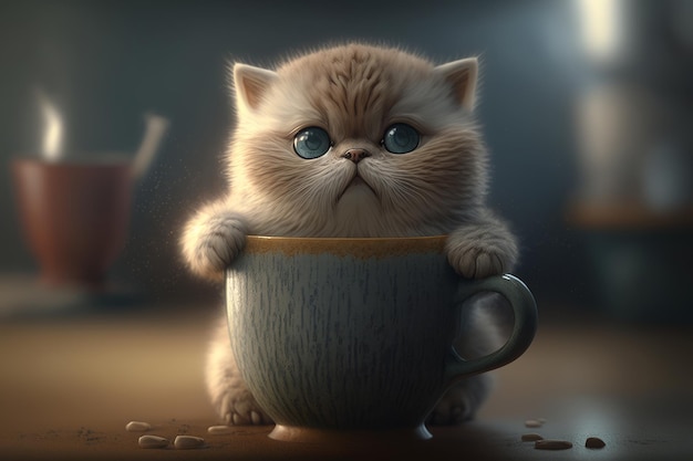 Schattig klein katje met een kopje koffie of thee op tafel Generatieve AI