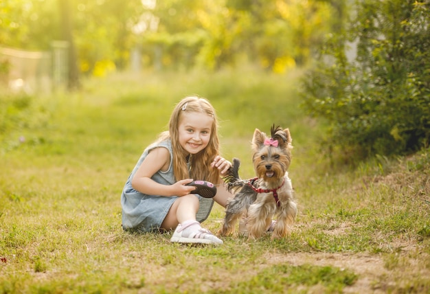 Schattig klein kind meisje zittend op het gras met haar kleine Yorkshire terrier hond in het park