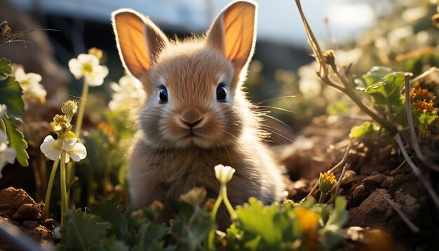 Foto schattig klein konijn dat in het gras zit en naar mij kijkt, gegenereerd door kunstmatige intelligentie