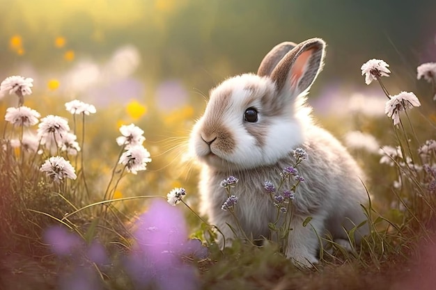 Schattig klein konijn in de wei met veel kleurrijke bloemen rond generatieve AI