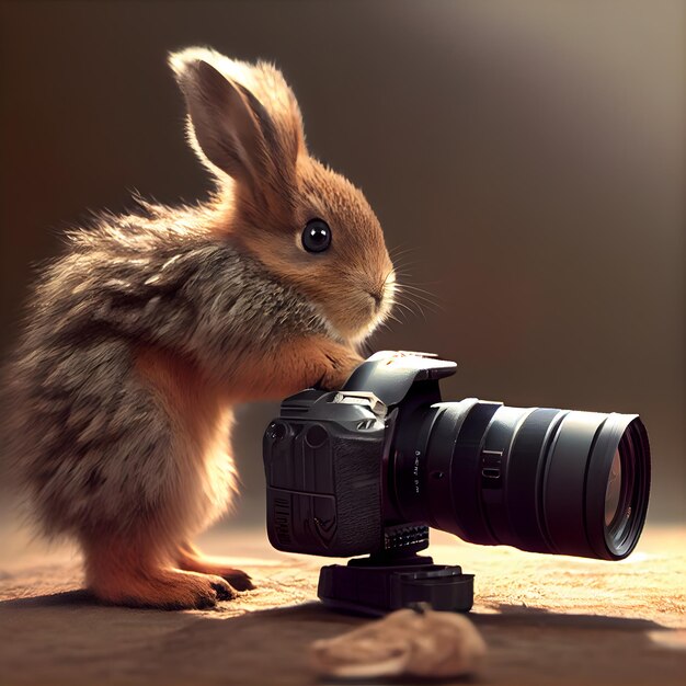 Schattig klein konijn met een camera op een bruine achtergrond