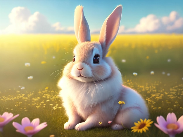 Schattig klein konijntje in gras en bloemen Generatieve AI