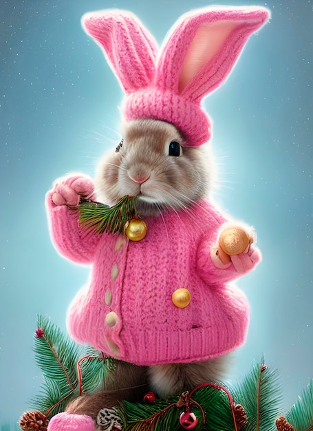 schattig klein konijntje, konijn, gebreide muts, kerstsfeer, nieuwjaarskaart, sneeuwstorm, winter