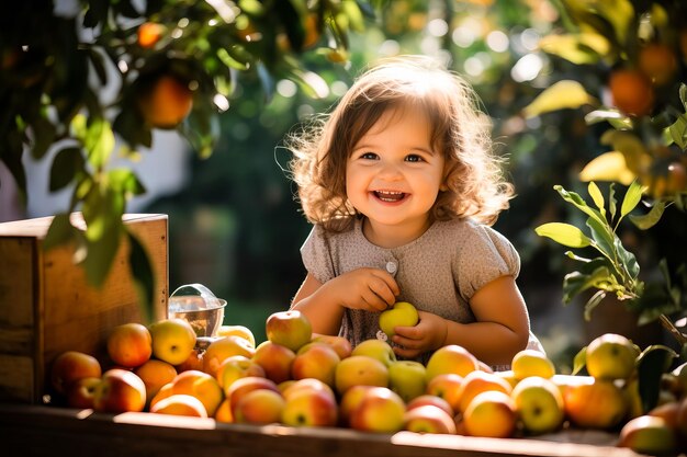 schattig klein meisje appels plukken in een tuin Outdoor plezier voor kinderen Gezonde voeding