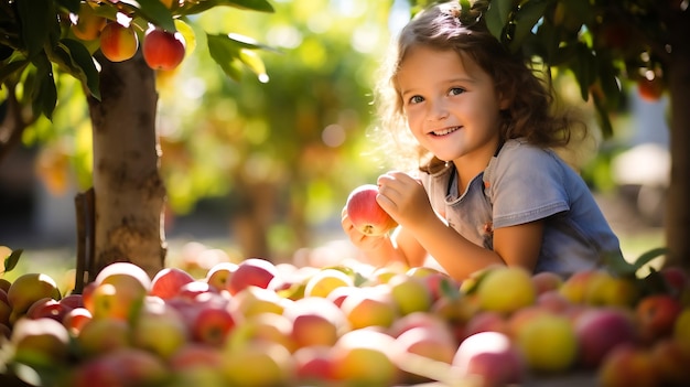 schattig klein meisje appels plukken in een tuin Outdoor plezier voor kinderen Gezonde voeding