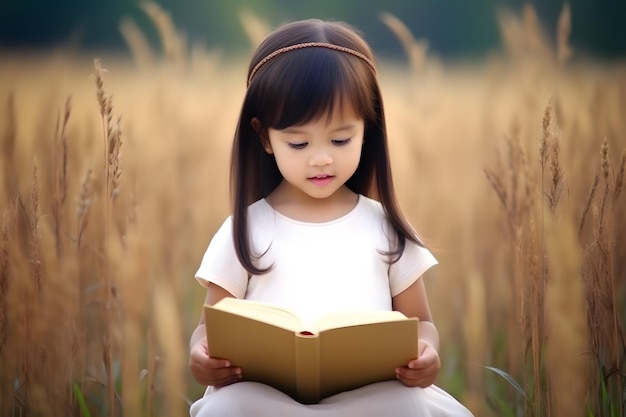 Schattig klein meisje dat heilig bijbelboek leest op het platteland