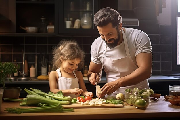 Schattig klein meisje helpt vader met het bereiden van salade Generatief door Ai