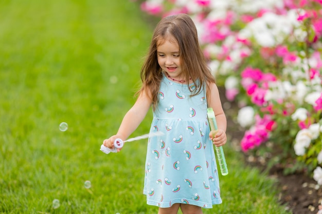 Schattig klein meisje in blauwe jurk met zeepbellen in de zomer van het park