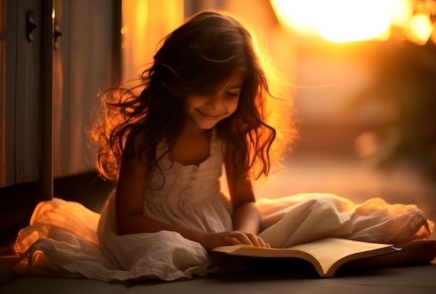 Schattig klein meisje leesboek met verhaaltjes voor het slapengaan