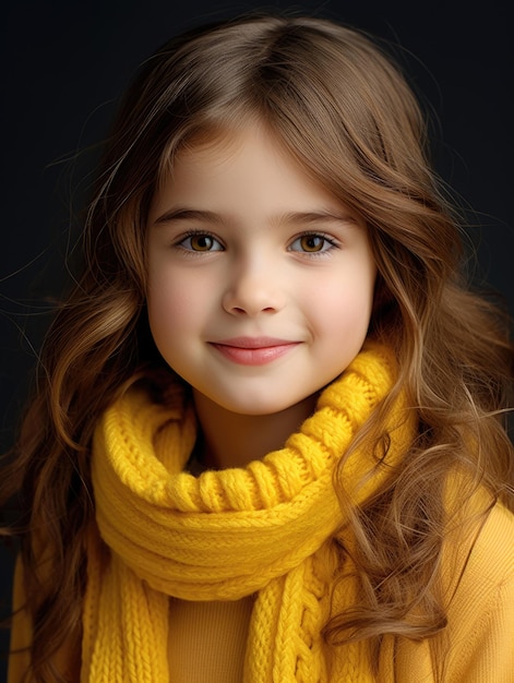 schattig klein meisje met blauwe ogen glimlachend in kleine gele gebreide kleding terwijl ze naar de camera lacht