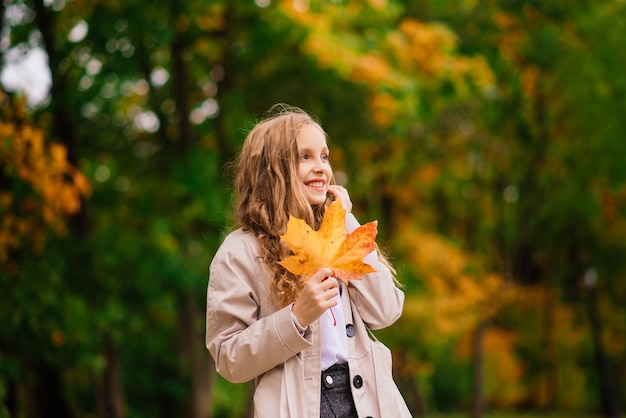 Schattig klein meisje met herfstbladeren in het schoonheidspark