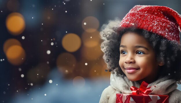 schattig klein meisje met krullend afrohaar dat 's avonds haar geschenkdoos bij de kerstboom vasthoudt