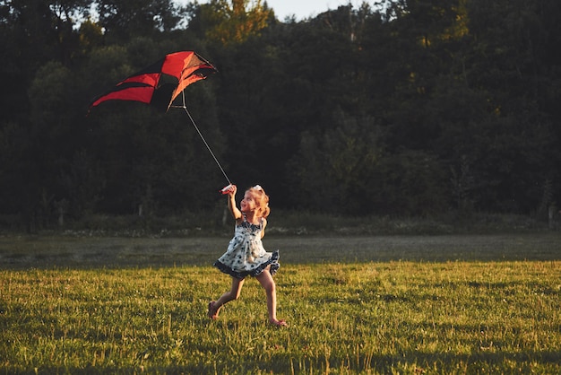 Schattig klein meisje met lang haar met vlieger in het veld op zonnige zomerdag