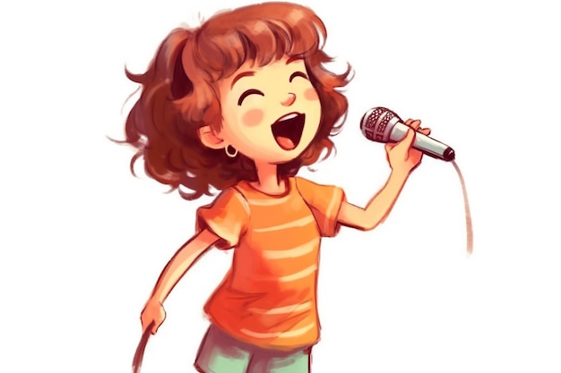 Schattig klein meisje met microfoon zingen AI gegenereerd