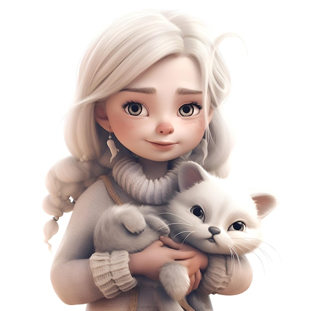 Schattig klein meisje met witte kat in haar armen 3D-rendering