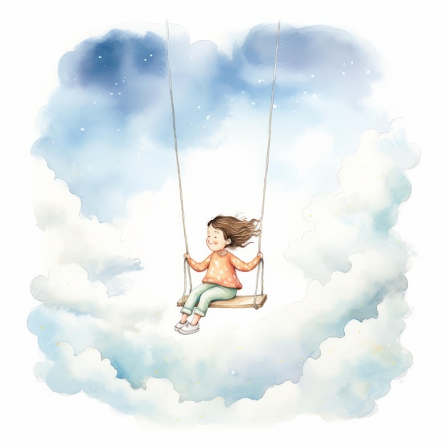 Schattig klein meisje swingend op een schommel in de wolken Aquarel illustratie