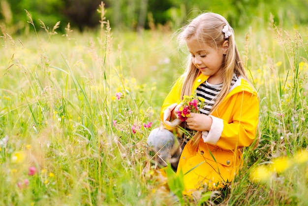 Schattig klein meisje wilde bloemen plukken in de wei Een kind dat de natuur verkent