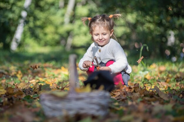 Schattig klein meisje zittend in het gras in het herfstbos op de achtergrond van de mand in