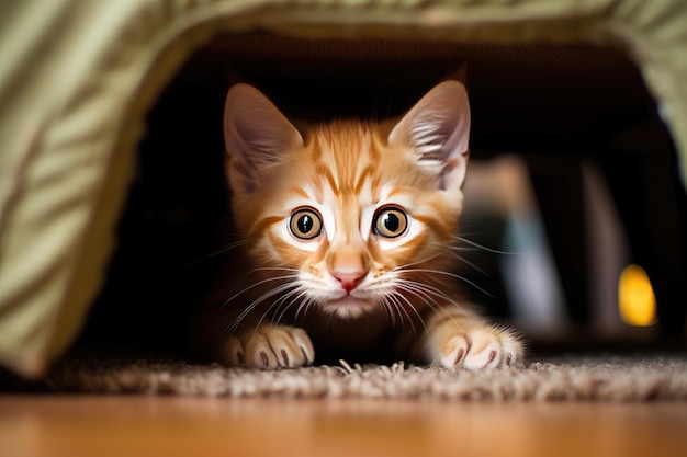 Schattig klein oranje katje, speels in een lief huis