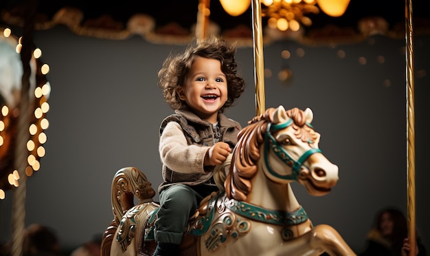 Schattig klein peutertje op carrouselpaardkind op attractiekinderentertainment Familieweekend