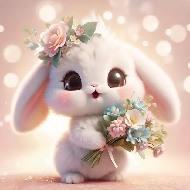 Schattig klein pluizig konijntje met een boeket bloemen Schattig konijntje met bloemen